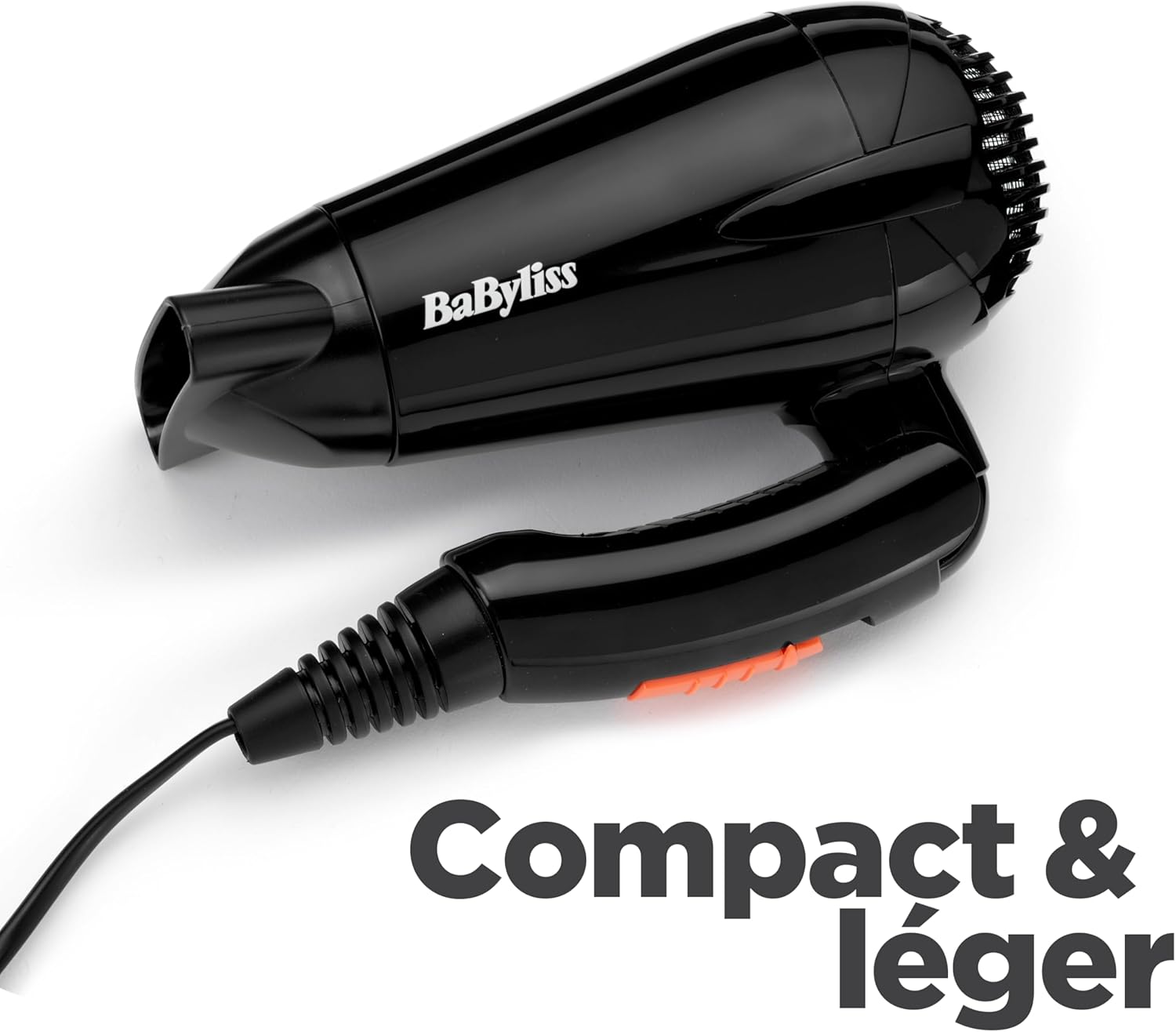 BaByliss Sèche-cheveux de voyage pliable Sèche-cheveux léger et puissant de 2000 W, Bi-voltage, Utilisation universelle, 2 réglages de température/vitesse, Noir/orange, 5344E