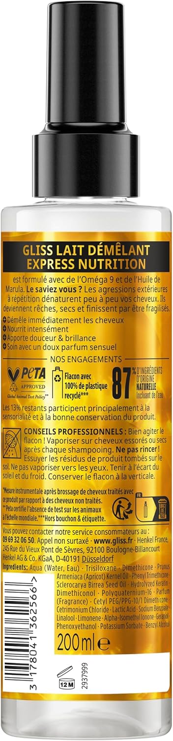 Schwarzkopf - GLISS - Lait Démêlant Express - Huile Précieuse - Nutrition - Protège jusqu'à 230°C - Démêle & Nourrit Intensément - Cheveux Sec & Rêche - Soin Normal - Sans Rinçage - 200ml