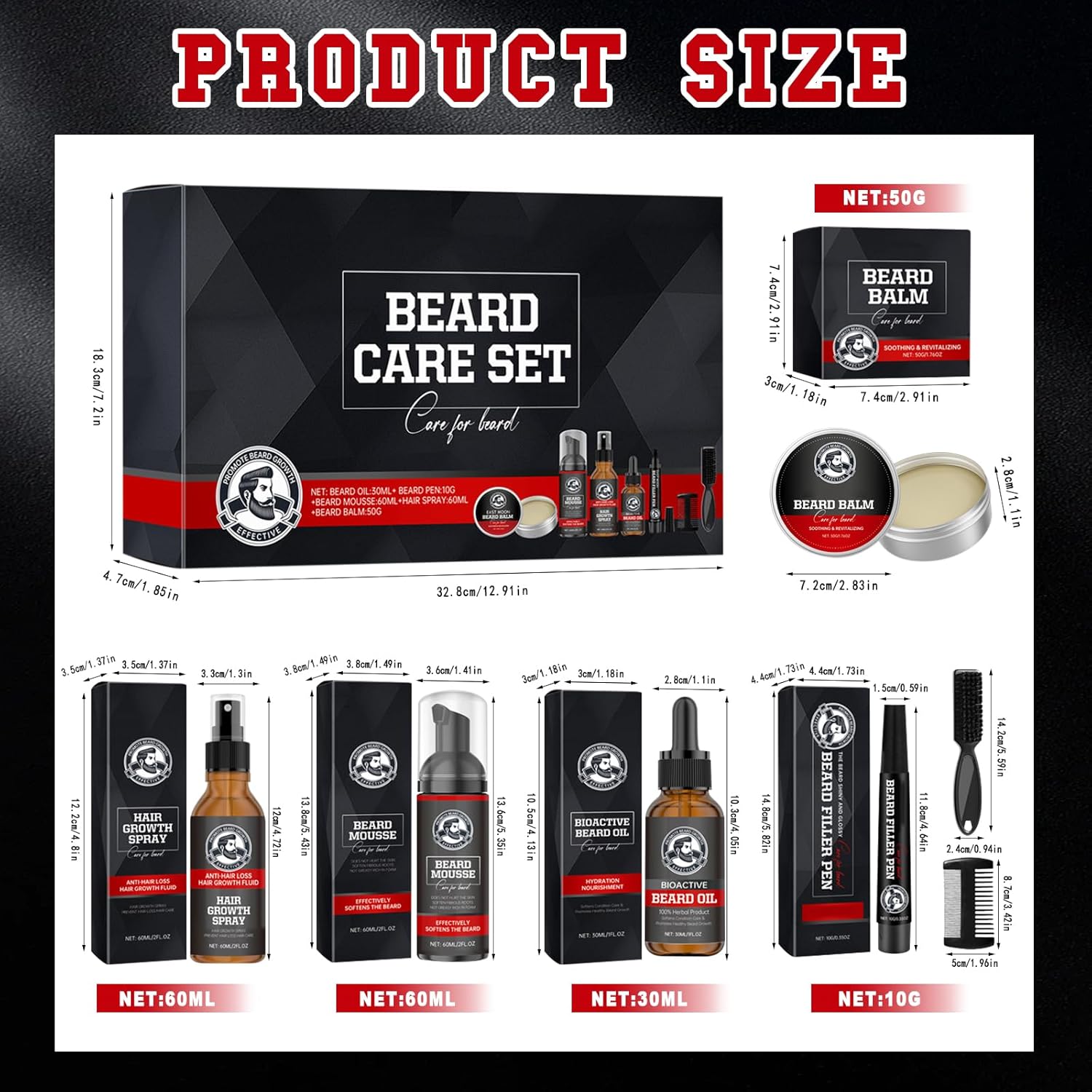 Kit Barbe Homme, 7 Soin de la Barbe Huile avec Mousse Nettoyante/Spray/Huile Essentielle/Crème De Soin/Stylo/Brosse/Peigne à Barbe, Cadeau Idéal pour Tous les Hommes