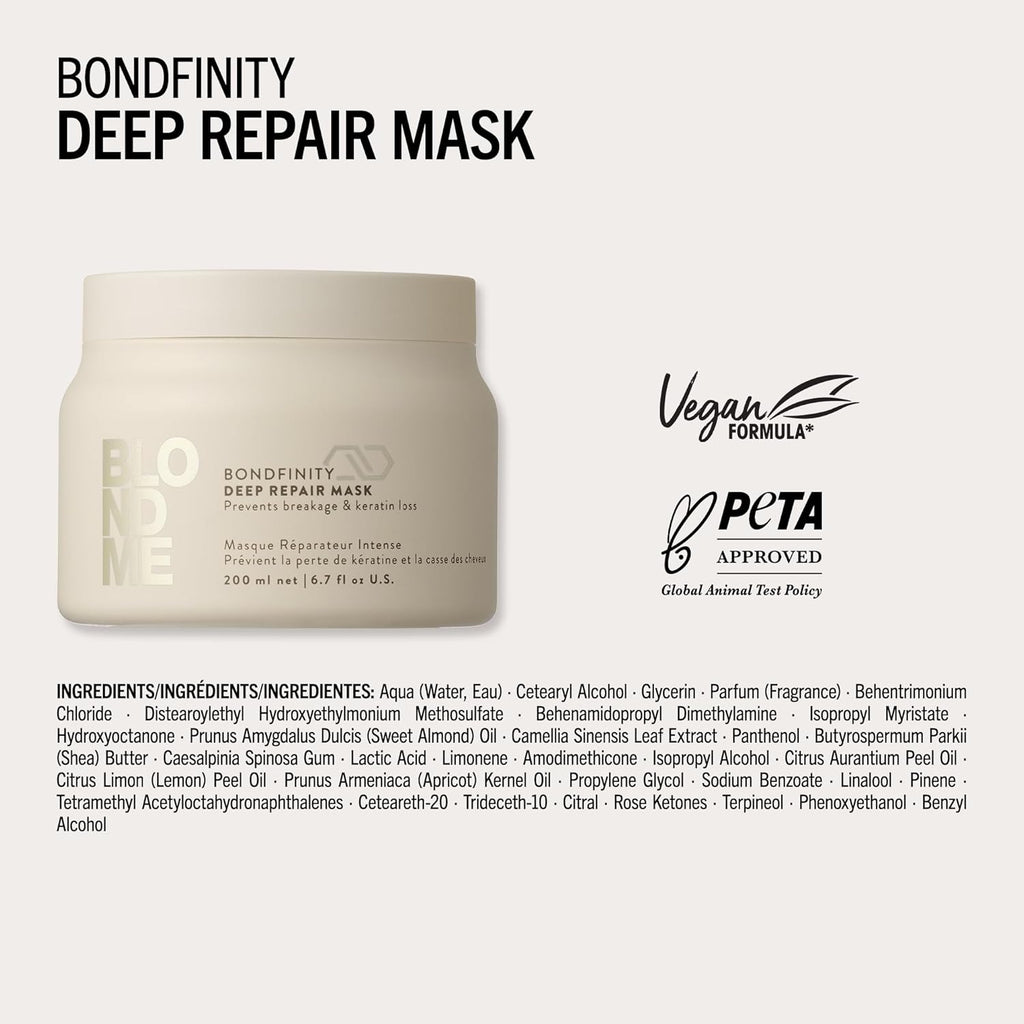 Schwarzkopf Professional BLONDME Bondfinity Deep Repair Mask Masque Capillaire Renforçant Créer Des Liaisons Lissage Et Protection Des Cheveux Poreux Hydratant Et Adoucissant 200 ml