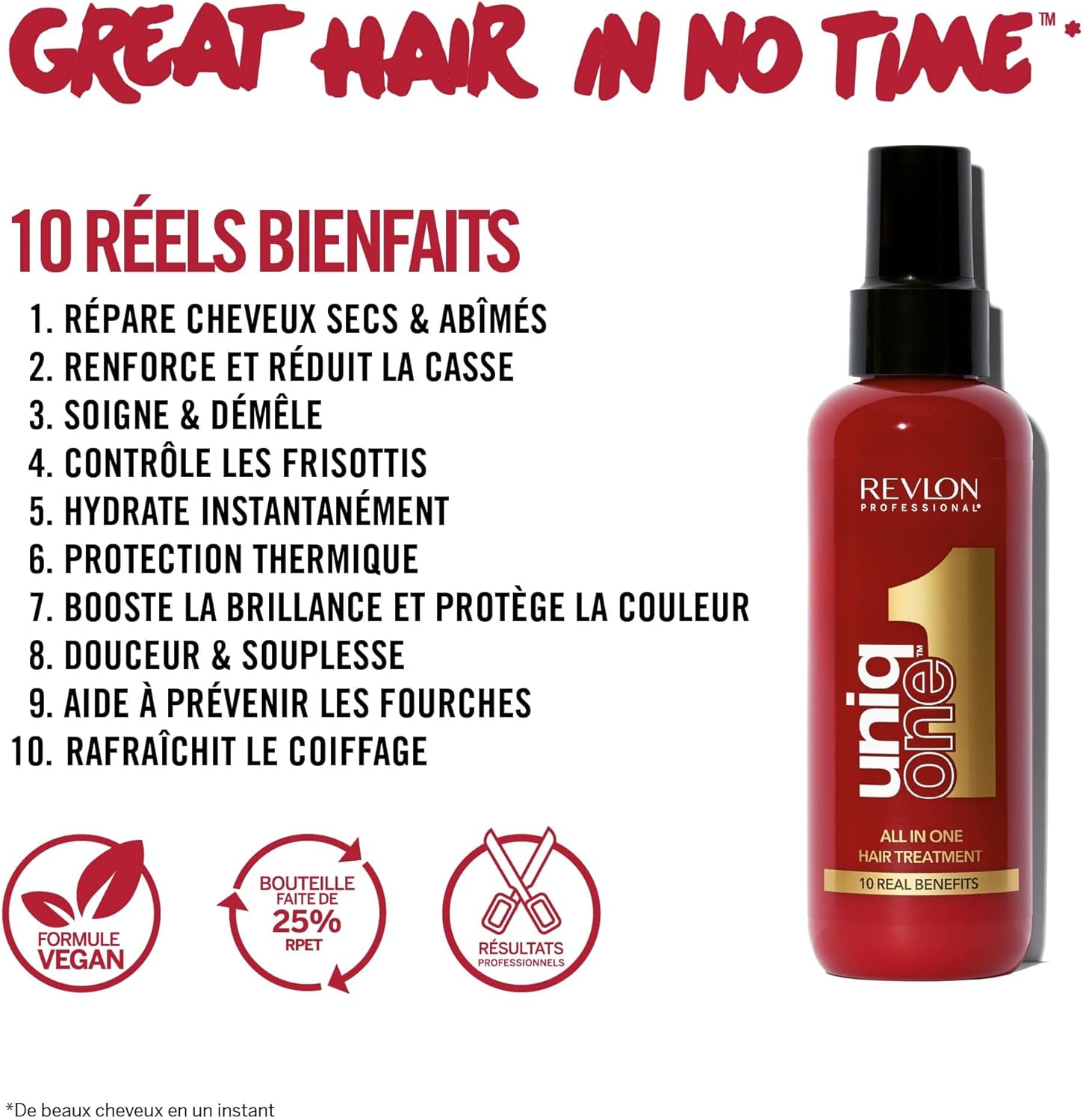 Revlon Professional UniqOne - Masque cheveux en Spray 10 en 1 - Protecteur de Chaleur pour Cheveux - Soin des Cheveux Sans Rinçage - Spray Cheveux Formule Vegan - Tous Types de Cheveux - 150 ml