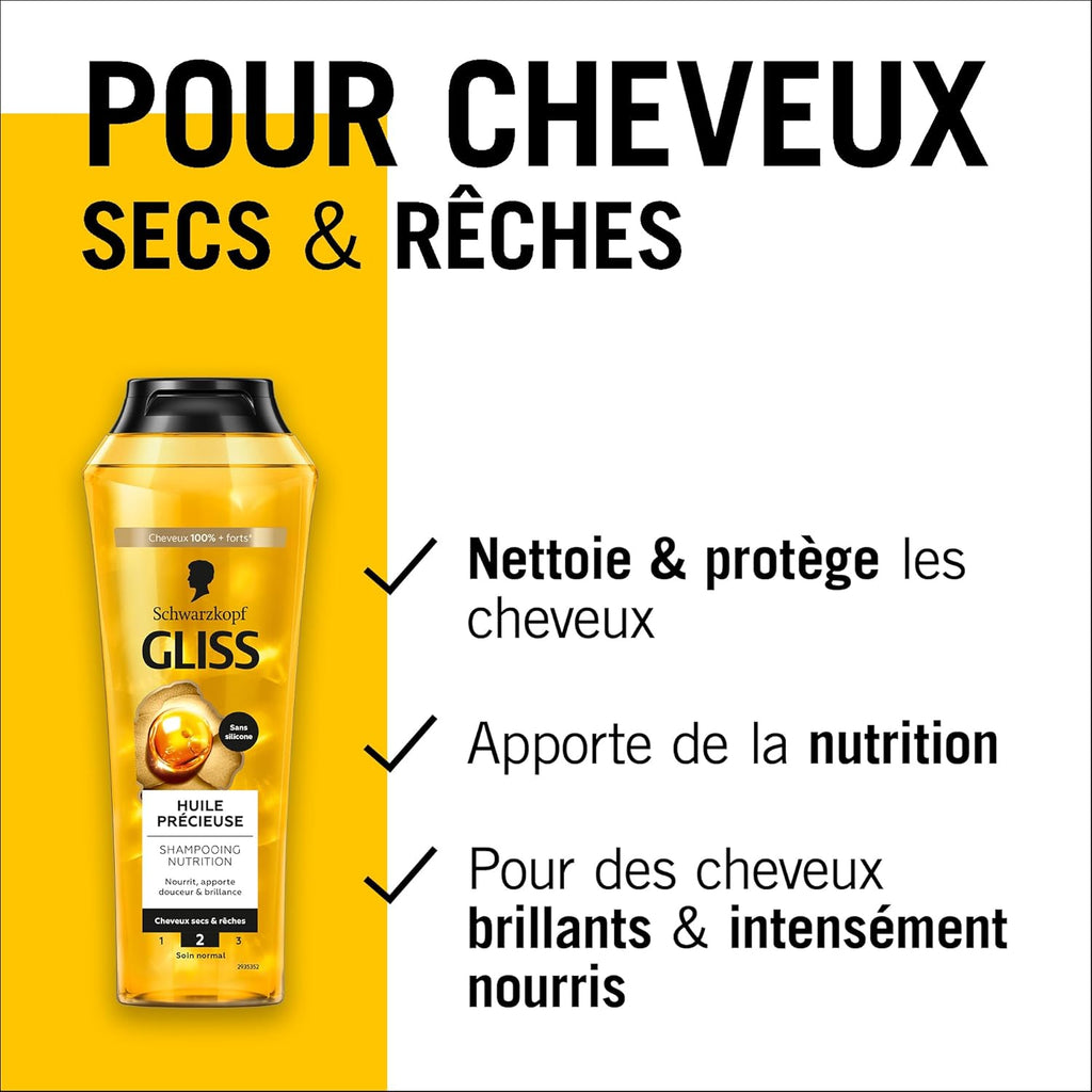 Schwarzkopf - GLISS - Shampooing Nutrition - Huile Précieuse - Sans Silicone - Nourrit - Apporte Douceur & Brillance - Cheveux secs & rêches - Cheveux 100% Plus Forts - Soin Normal - 250ml
