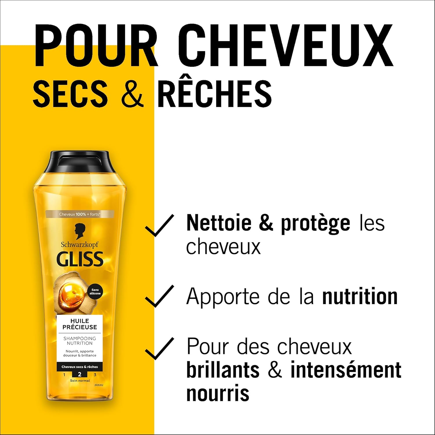 Schwarzkopf - GLISS - Shampooing Nutrition - Huile Précieuse - Sans Silicone - Nourrit - Apporte Douceur & Brillance - Cheveux secs & rêches - Cheveux 100% Plus Forts - Soin Normal - 250ml