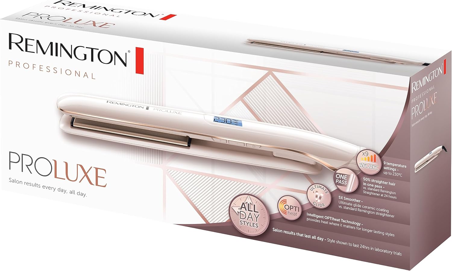 Remington Lisseur Cheveux [Résultat Professionnel longue tenue] PROluxe (Lissage en 1 seul passage, Céramique, Léger, Glisse facile, Ecran LCD, 150-230°C, pochette) Fer à lisser S9100