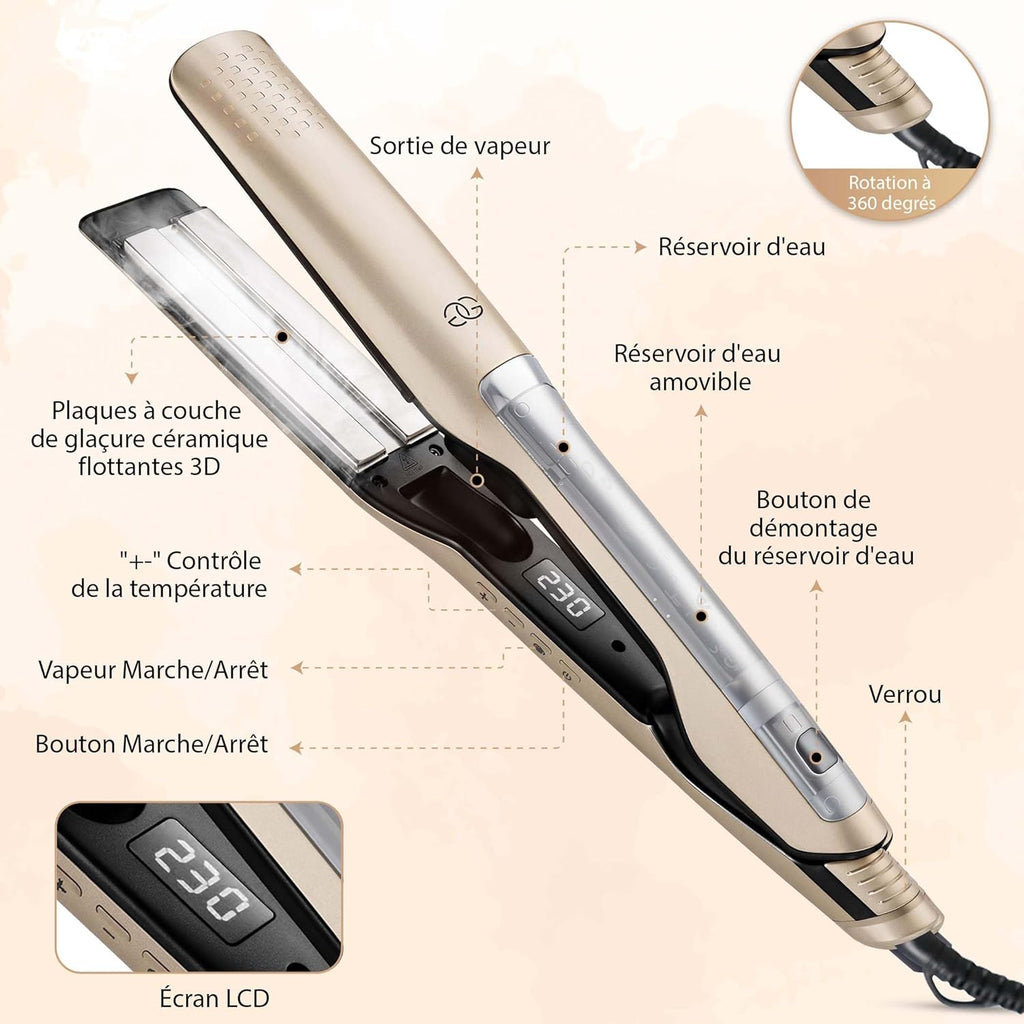 Lisseur Vapeur Champagne Golden Goods Steampod Pro Vapeur puissante, Fer a Boucler 10 réglages de température jusqu'à 230ºC, Tous types de cheveux Céramique et ionique, Lisseur Cheveux