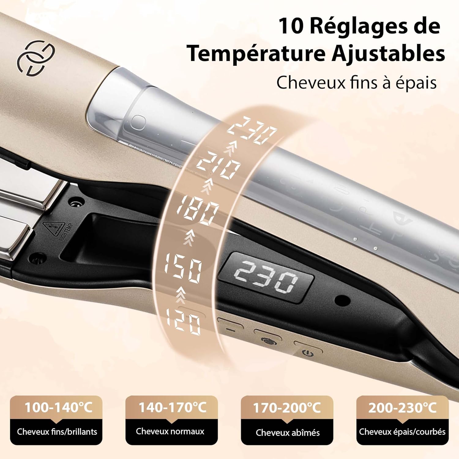 Lisseur Vapeur Champagne Golden Goods Steampod Pro Vapeur puissante, Fer a Boucler 10 réglages de température jusqu'à 230ºC, Tous types de cheveux Céramique et ionique, Lisseur Cheveux
