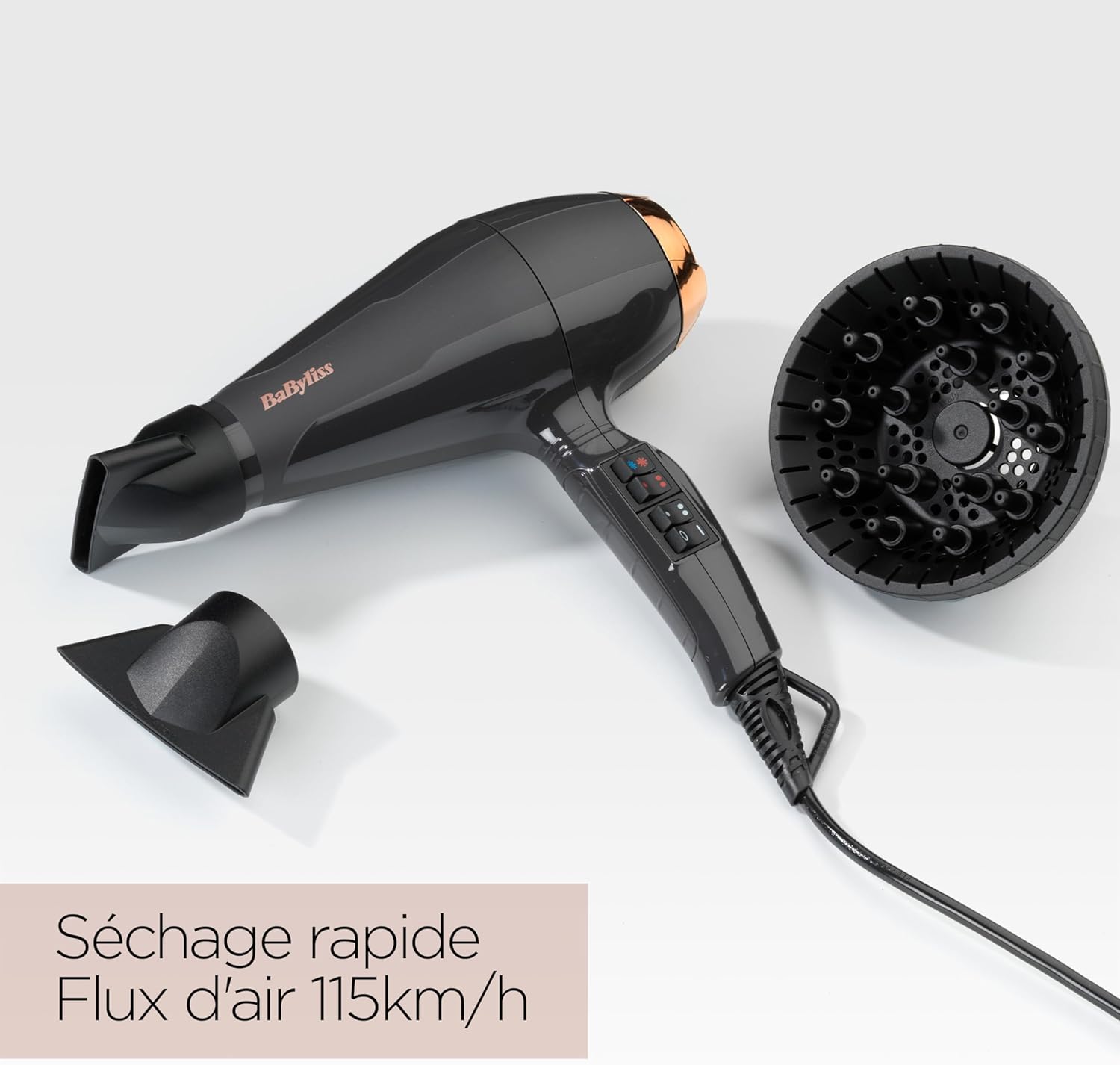 BaByliss Sèche-cheveux Air Pro avec Diffuseur - Fabriqué en Italie, Moteur Professionnel AC, Sèche-cheveux puissant 2200W, Technologie ionique Anti-Frisottis, 2 températures & 2 vitesses, Noir, 6719DE