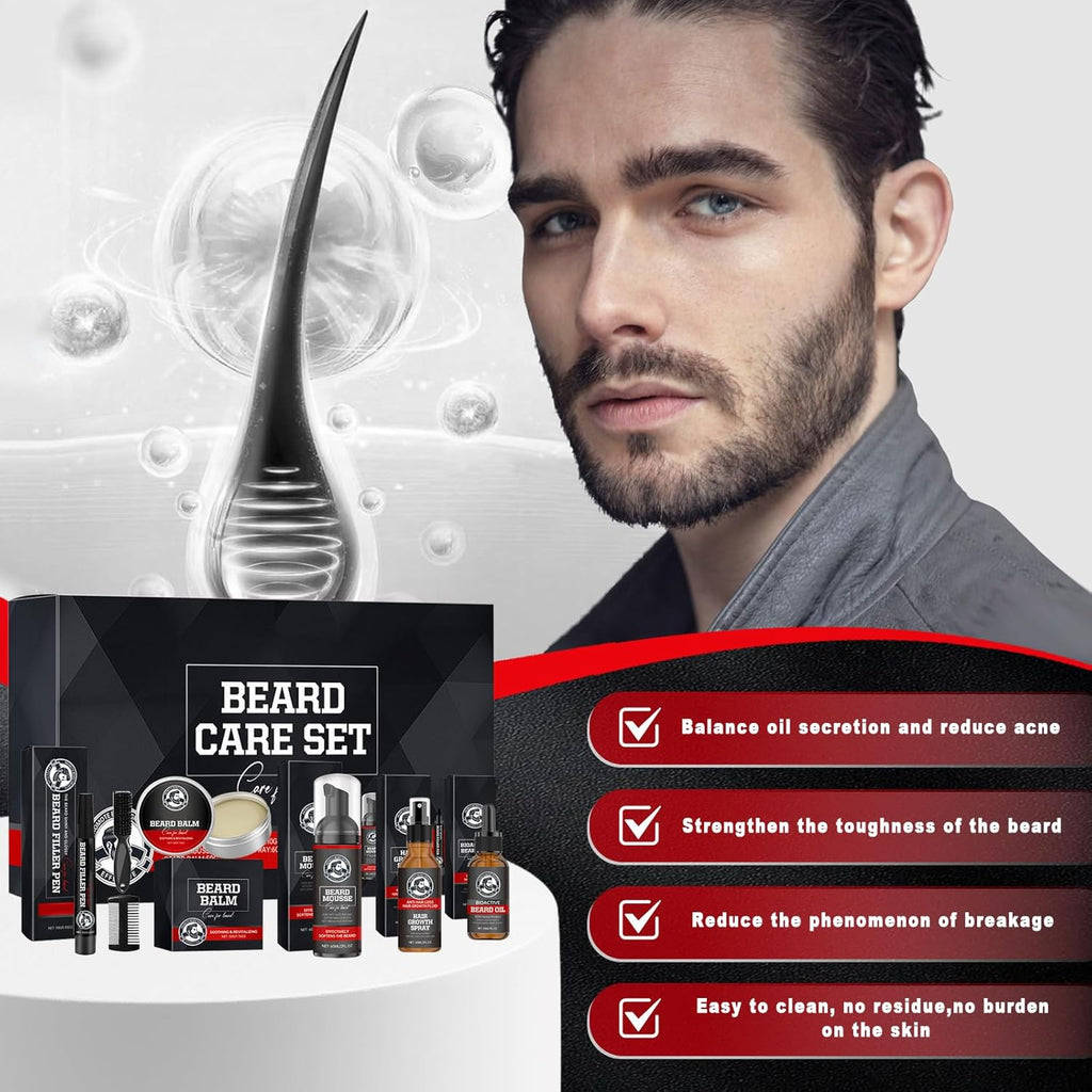 Kit Barbe Homme, 7 Soin de la Barbe Huile avec Mousse Nettoyante/Spray/Huile Essentielle/Crème De Soin/Stylo/Brosse/Peigne à Barbe, Cadeau Idéal pour Tous les Hommes