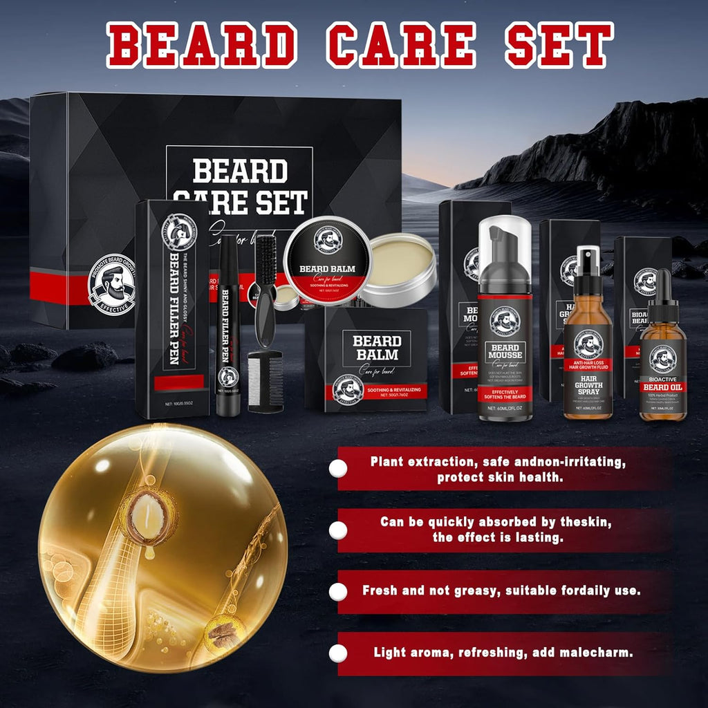 Kit Barbe Homme, 7 Soin de la Barbe Huile avec Mousse Nettoyante/Spray/Huile Essentielle/Crème De Soin/Stylo/Brosse/Peigne à Barbe, Cadeau Idéal pour Tous les Hommes