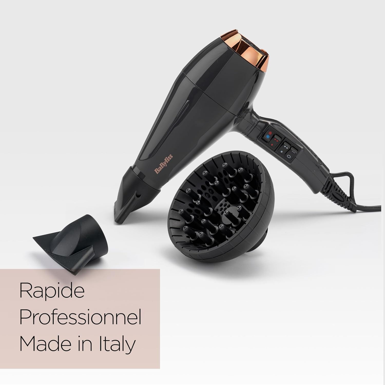 BaByliss Sèche-cheveux Air Pro avec Diffuseur - Fabriqué en Italie, Moteur Professionnel AC, Sèche-cheveux puissant 2200W, Technologie ionique Anti-Frisottis, 2 températures & 2 vitesses, Noir, 6719DE