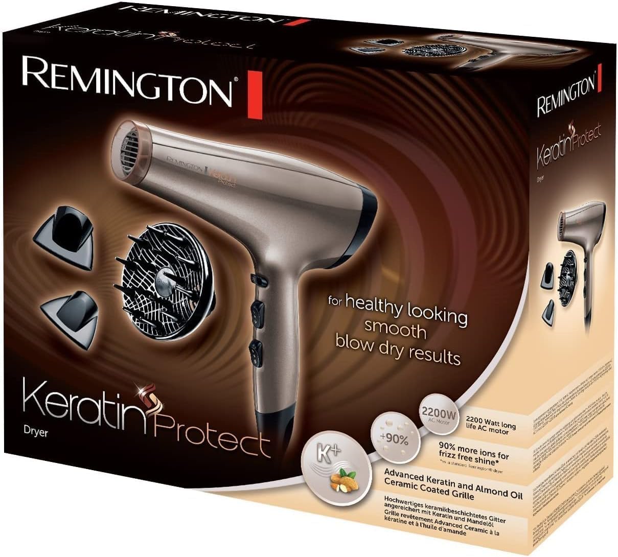 Remington Sèche-cheveux Professionnel [Soin Kératine & Huile d'Amande] Keratin Therapy (2200W, Moteur AC puissant & durable 130km/h, Ionique Céramique, 3 températures/2 vitesses, 3 accessoires) AC8002