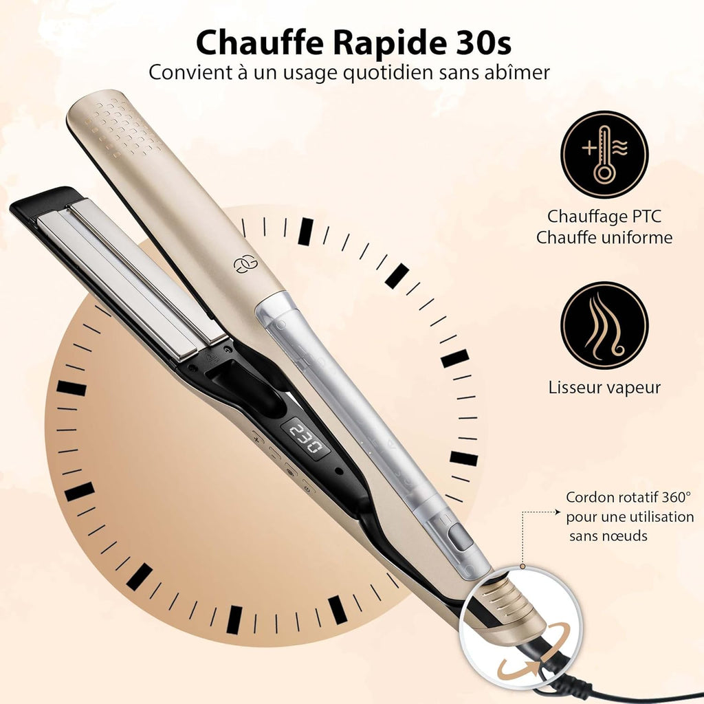 Lisseur Vapeur Champagne Golden Goods Steampod Pro Vapeur puissante, Fer a Boucler 10 réglages de température jusqu'à 230ºC, Tous types de cheveux Céramique et ionique, Lisseur Cheveux