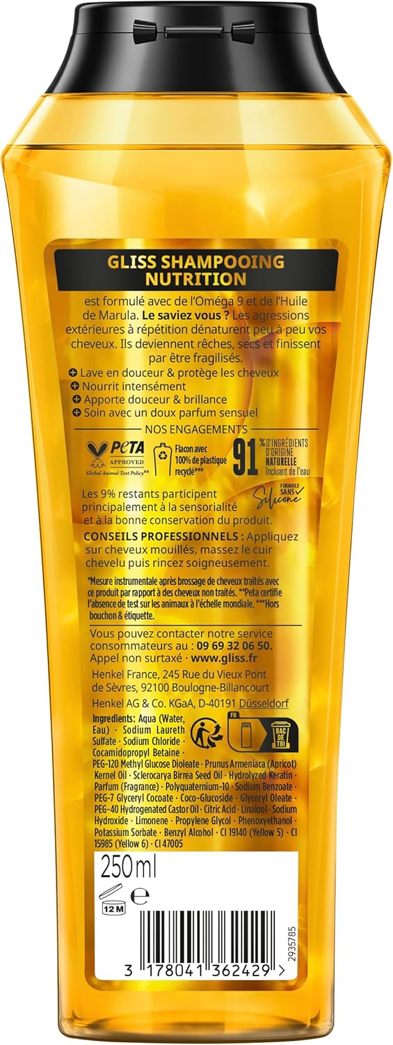 Schwarzkopf - GLISS - Shampooing Nutrition - Huile Précieuse - Sans Silicone - Nourrit - Apporte Douceur & Brillance - Cheveux secs & rêches - Cheveux 100% Plus Forts - Soin Normal - 250ml