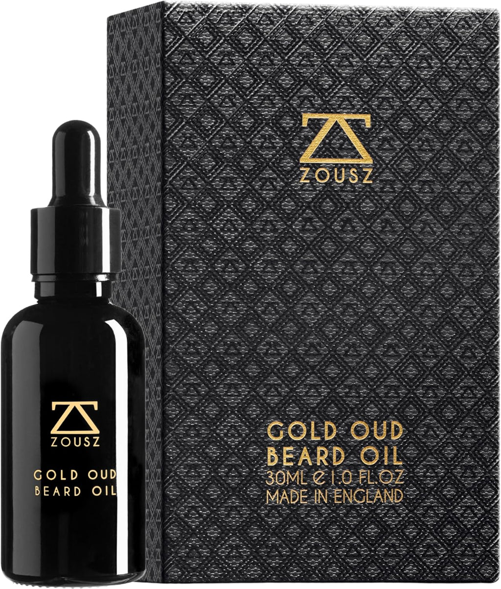 ZOUSZ Gold Oud Huile Barbe Homme – Huile Pousse Barbe avec Huiles d’Argan et Avocat – Parfum Santal – Pousse Serum Adoucit, Renforce et Nourrit les Poils du Visage – Flacon 30ml