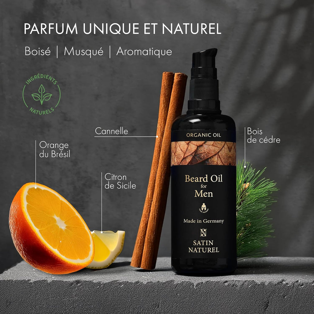 Satin Naturel Huile Barbe Homme Bio 100ml – Argan, Amande Douce & Jojoba – Soin Barbe pour Pousse & Douceur – Barbe Soignée & Hydratée – Pour Peaux Sensibles