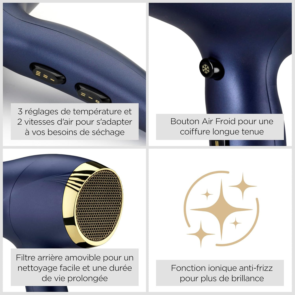 BaByliss Sèche-cheveux Midnight Luxe - Puissance de 2300W, Fonction ionique anti-frisottis, Séchage rapide, Professionnel et léger, 3 réglages de température & 2 réglages de vitesses, 5781PE