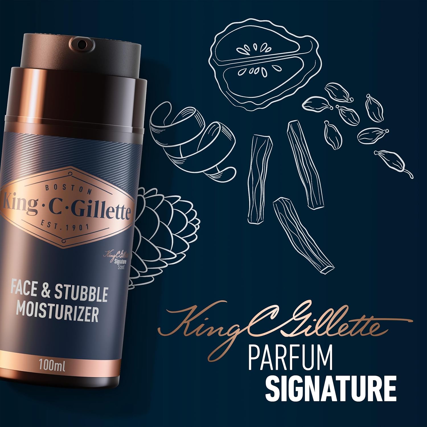 Gillette King C Soin Hydratant Pour Hommes, Pour Le Visage Et La Barbe Courte, Adoucit La Peau, Infusé Du Parfum Signature Avec Des Notes De Bergamote, Complexe Vitamine B, 100 ml