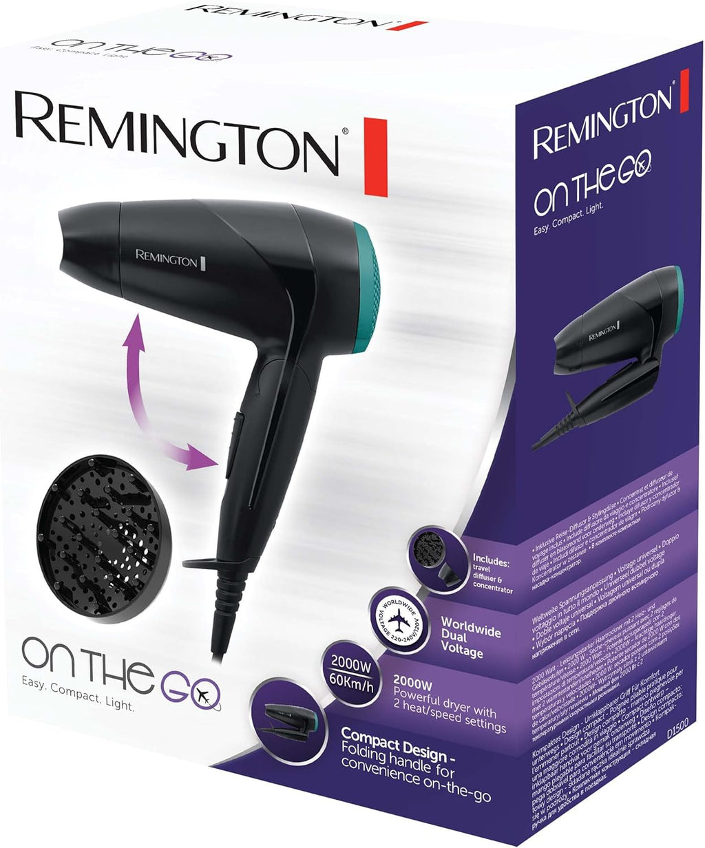 Remington Sèche-cheveux de voyage [Ultra Compact, Léger & Puissant] On the go pliable (2000W, voltage universel, 2 niveaux de températures et puissance, concentrateur, diffuseur) D1500