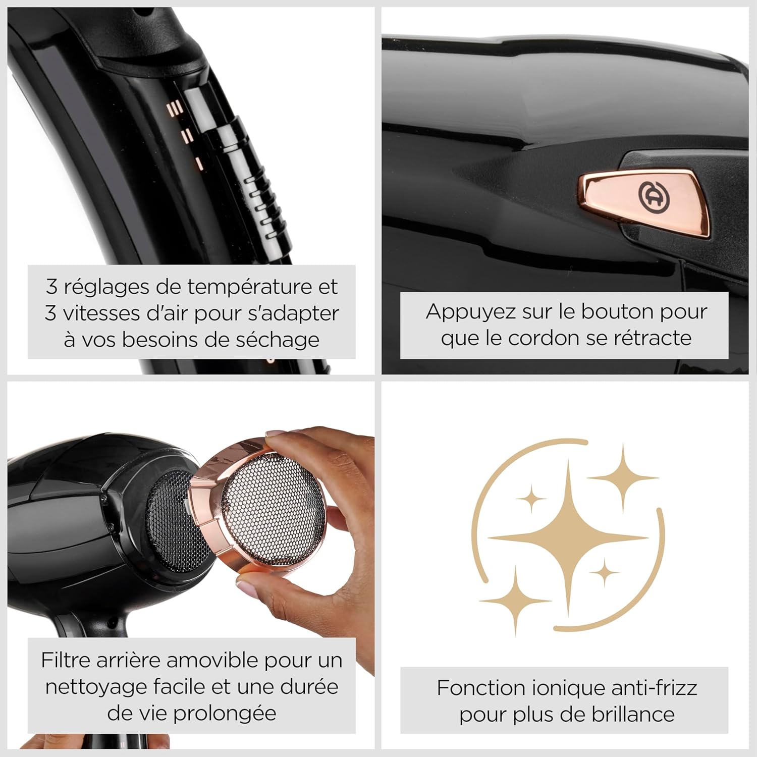 BaByliss Sèche-cheveux Cordkeeper - Sèche-cheveux puissant de 2000W avec 1,65m cordon rétractable, Technologie ionique anti-frisottis, 3 réglages de température et 2 réglages de vitesse, Noir, D373E