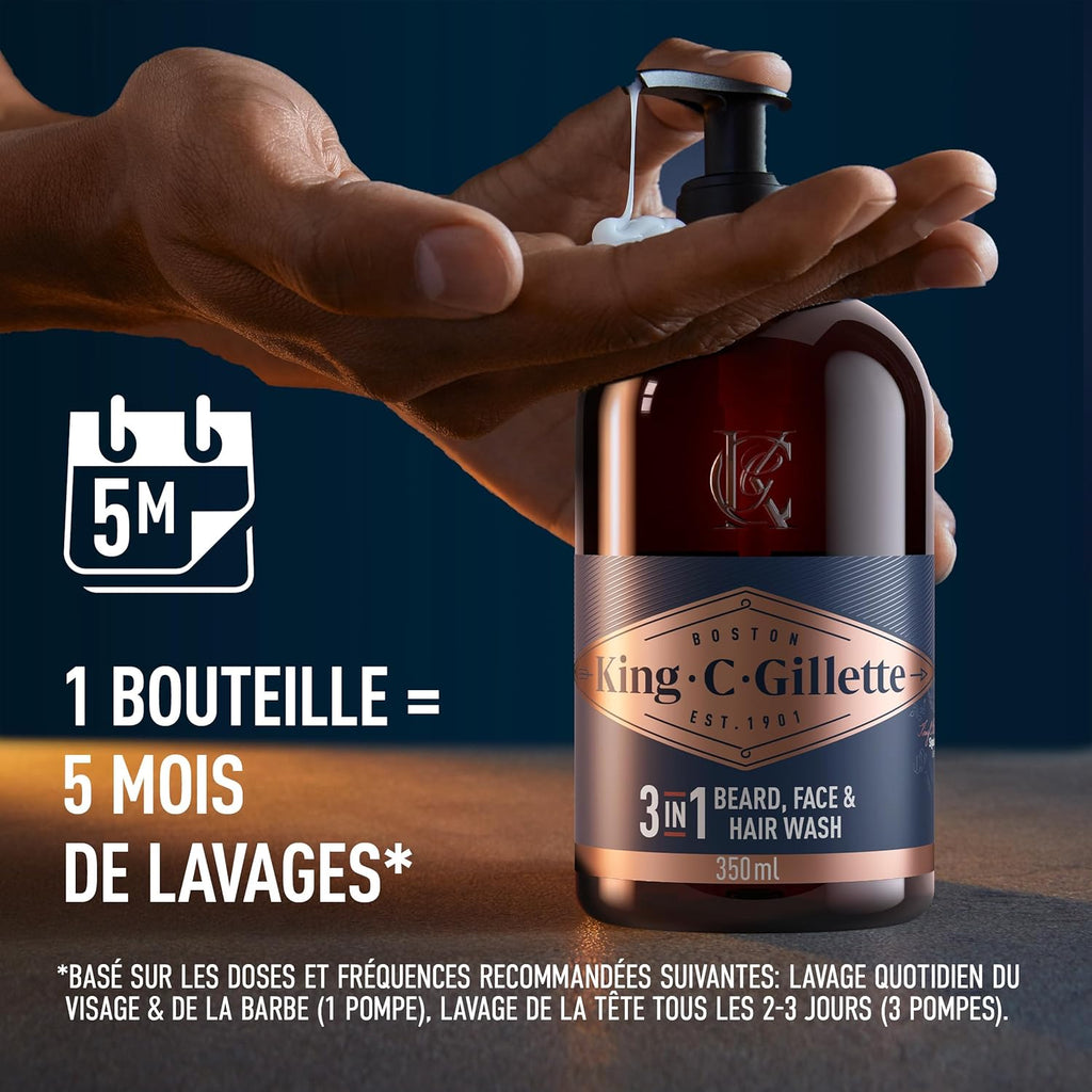 Gillette King C Nettoyant 3-en-1 Pour Barbe, Visage Et Cheveux, Revitalise Et Nettoie En Profondeur, Conçu Pour La Routine De Soin Quotidien, Doté D’Un Parfum Masculin, Formule Avec De L’Huile D’Argan