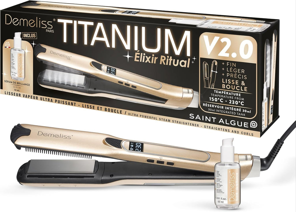 Demeliss Coffret Lisseur Vapeur Titanium V2.0 Elixir Ritual – 5 Températures – Réservoir 30 ml – Plaques Fines – Peigne Amovible – Écran Digital – Lissage, Boucles, Soin - Accessoire Professionnel