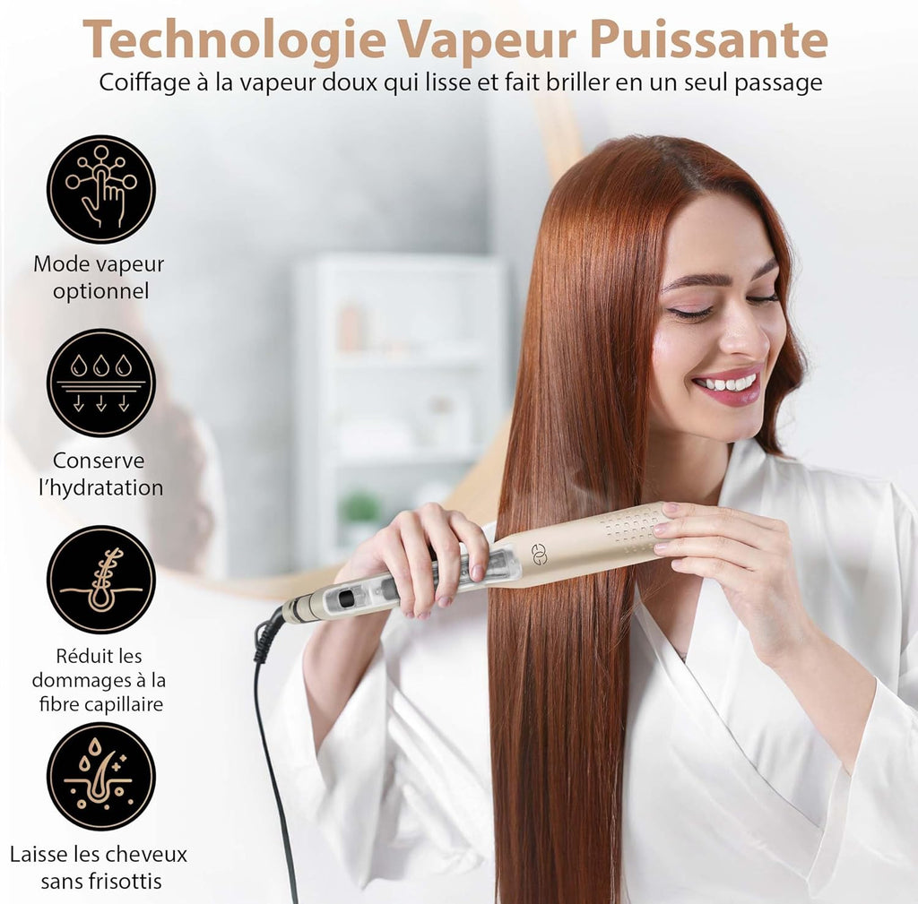 Lisseur Vapeur Champagne Golden Goods Steampod Pro Vapeur puissante, Fer a Boucler 10 réglages de température jusqu'à 230ºC, Tous types de cheveux Céramique et ionique, Lisseur Cheveux