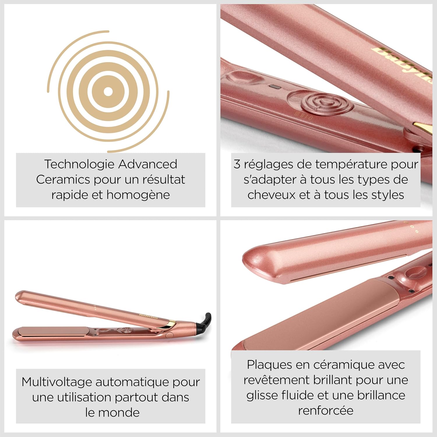 BaByliss Lisseur Cheveux Rose Gold - Plaques en Céramique, Multi-voltage, Utilisation universelle, Chauffe ultra-rapide en 15 sec, 3 réglages de température jusqu'à 235°C, 2598PE
