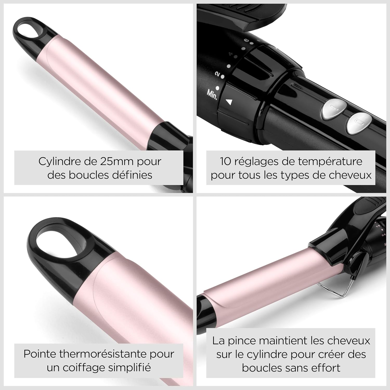BaByliss Boucleur à pince 25 mm Curling Tong - Cylindre à revêtement ultra-doux Sublim' Touch, 10 réglages de température, Boucleur professionnel avec support de sécurité intégré, Noir et rose, C325E