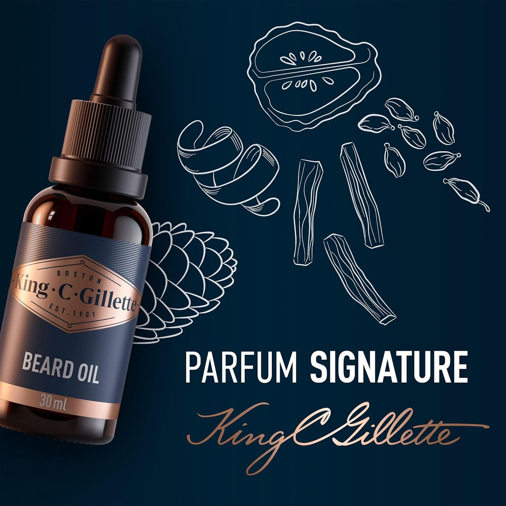 King C. Gillette Huile A Barbe Homme Avec Des Notes De Bois De Santal, Cèdre, Bergamote, Cardamome, Mandarine, Adoucit Et Hydrate, Etape D’Entretien Pour Tous Les Types De La Barbe, 30ml