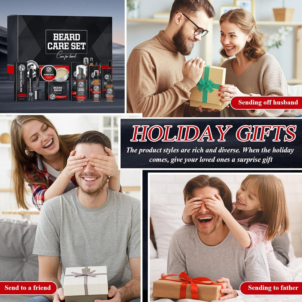 Kit Barbe Homme, 7 Soin de la Barbe Huile avec Mousse Nettoyante/Spray/Huile Essentielle/Crème De Soin/Stylo/Brosse/Peigne à Barbe, Cadeau Idéal pour Tous les Hommes