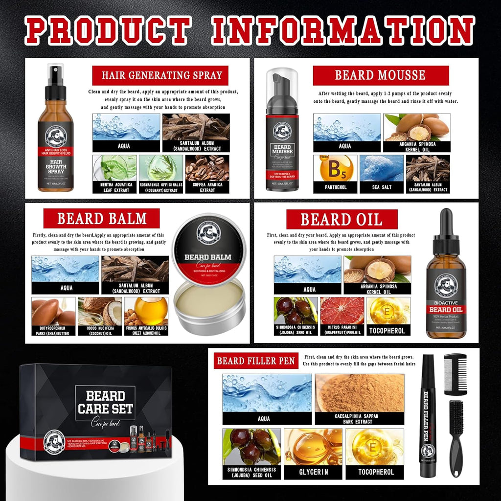 Kit Barbe Homme, 7 Soin de la Barbe Huile avec Mousse Nettoyante/Spray/Huile Essentielle/Crème De Soin/Stylo/Brosse/Peigne à Barbe, Cadeau Idéal pour Tous les Hommes