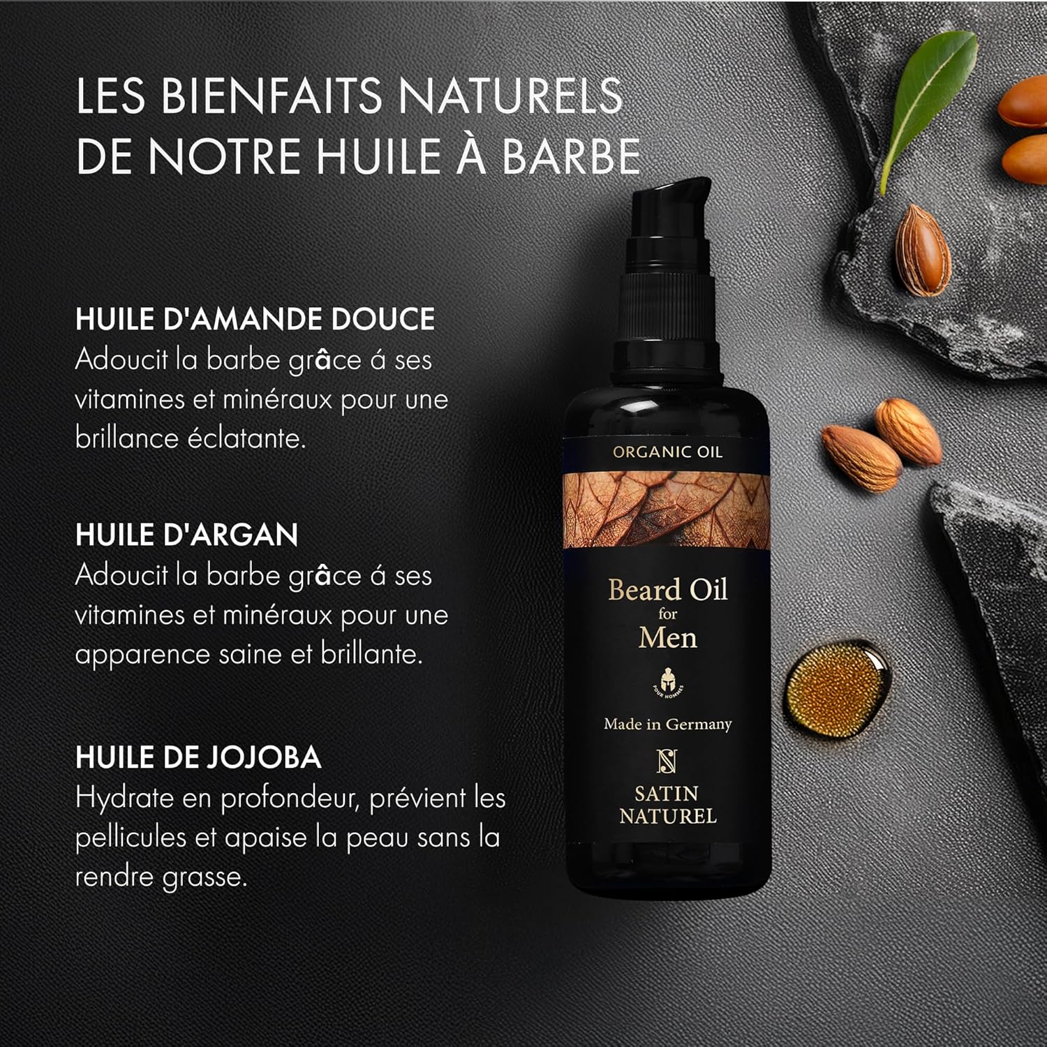 Satin Naturel Huile Barbe Homme Bio 100ml – Argan, Amande Douce & Jojoba – Soin Barbe pour Pousse & Douceur – Barbe Soignée & Hydratée – Pour Peaux Sensibles