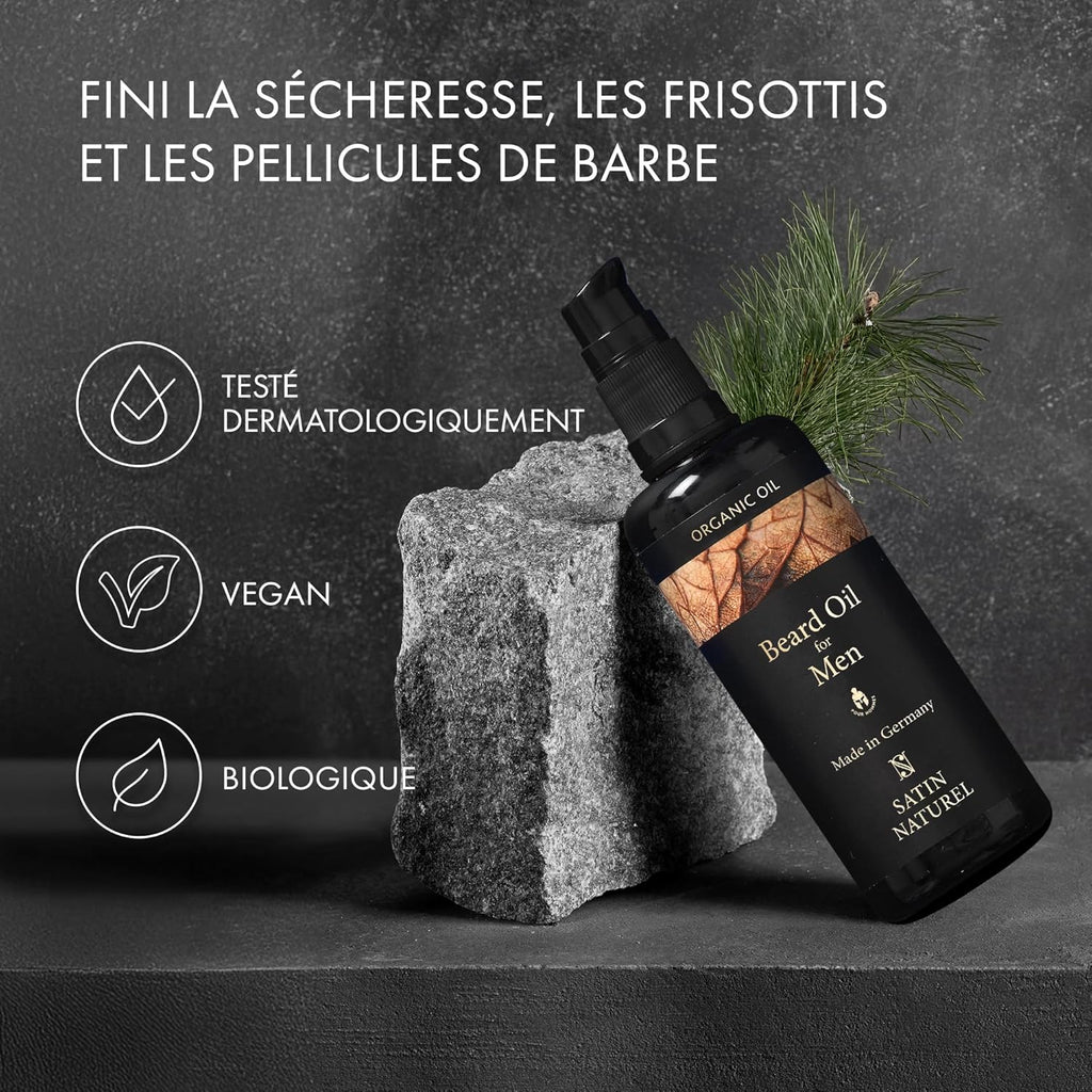 Satin Naturel Huile Barbe Homme Bio 100ml – Argan, Amande Douce & Jojoba – Soin Barbe pour Pousse & Douceur – Barbe Soignée & Hydratée – Pour Peaux Sensibles